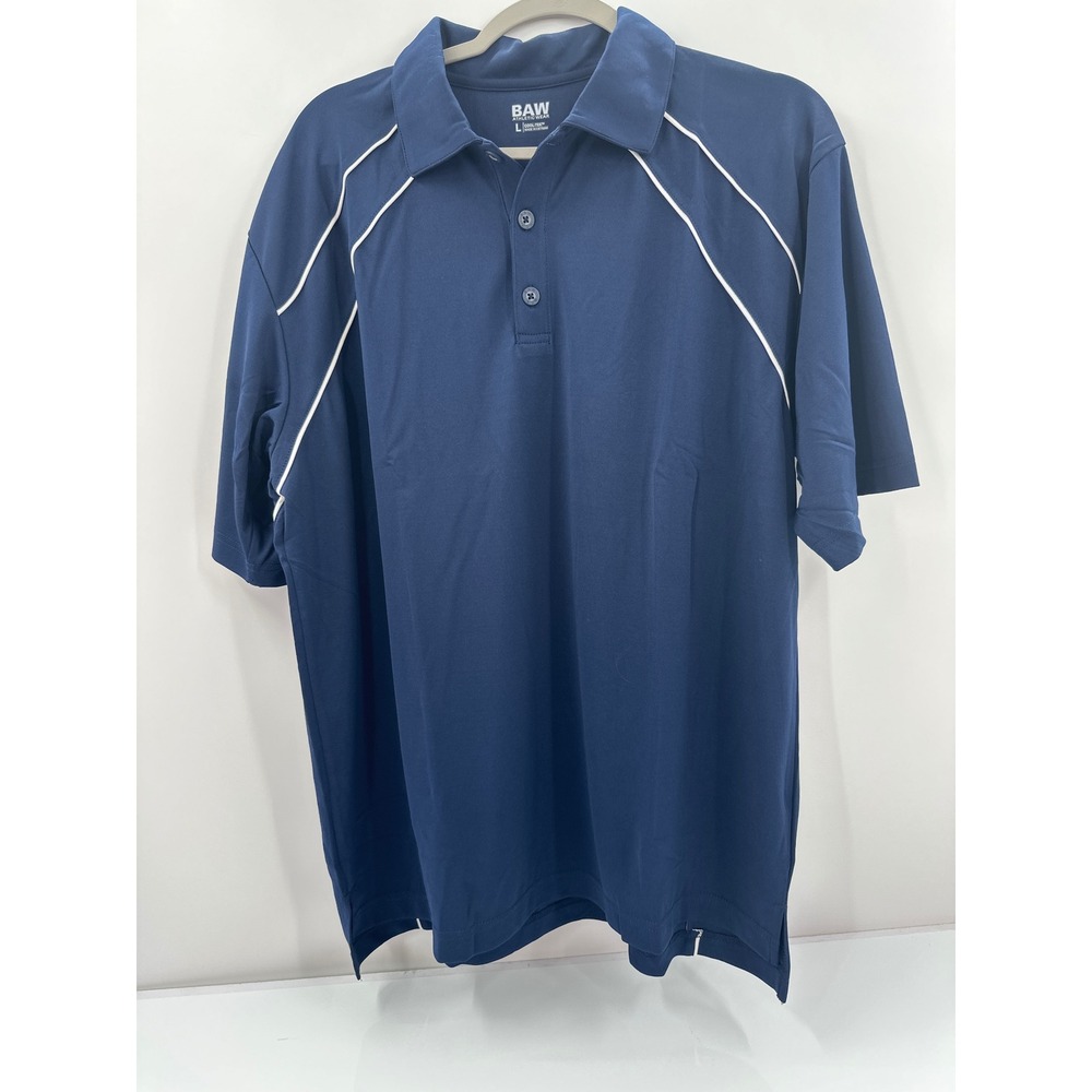 BAW Athletic Wear Mens Cool-Tek Polo Shirt Navy Blue White‎ Piping Size L 1366